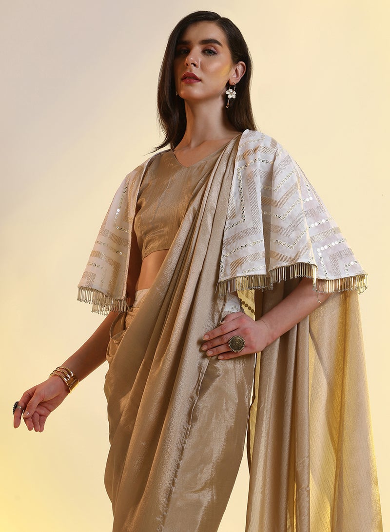 QISSA Women's French Beige Bijou Cape Pre-Draped Saree For Casual Wear | V-Neck | Cape Sleeves | 1 Piece Pre-Draped Saree Designed With Comfort Fit For Everyday Ethnic Wear - Image 1